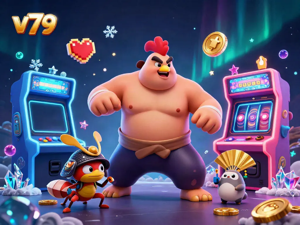 Experience the thrilling world of V79 with a dynamic scene featuring a sumo wrestler rooster and a fierce cricket in an exciting arcade atmosphere.