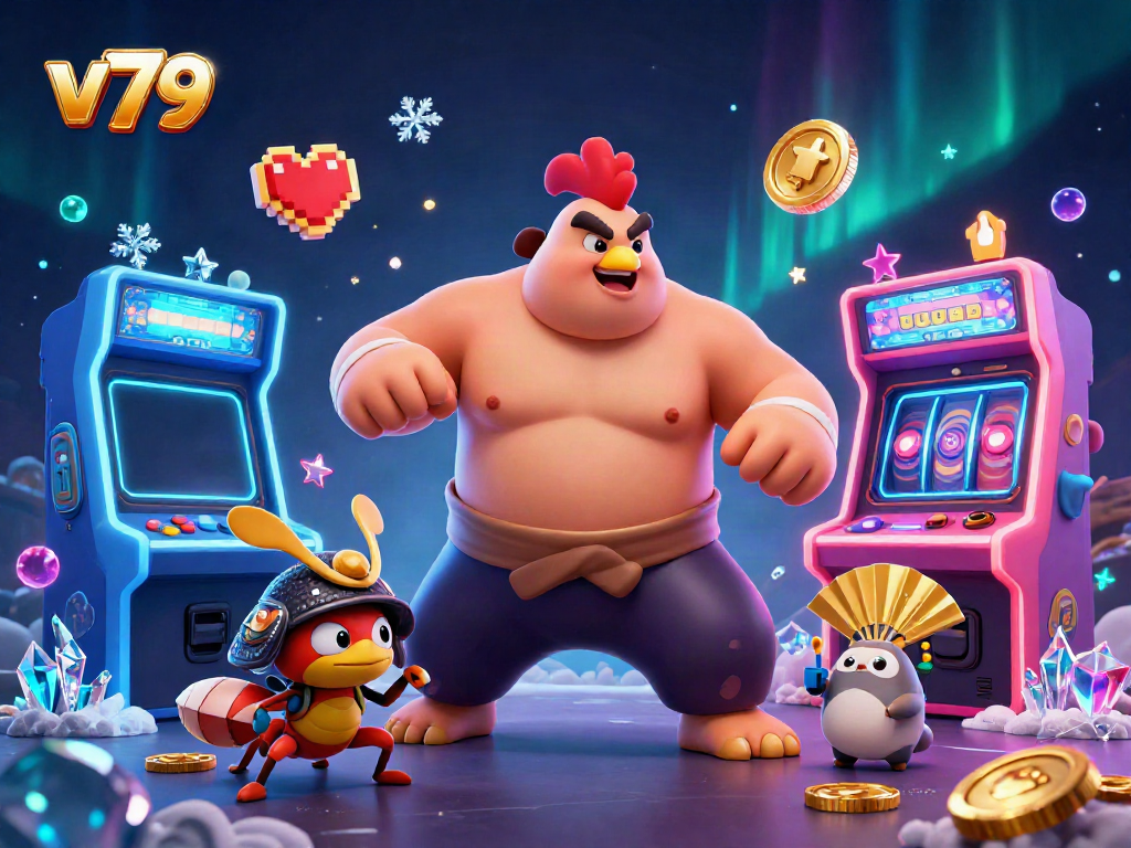Experience the thrilling world of V79 with a dynamic scene featuring a sumo wrestler rooster and a fierce cricket in an exciting arcade atmosphere.