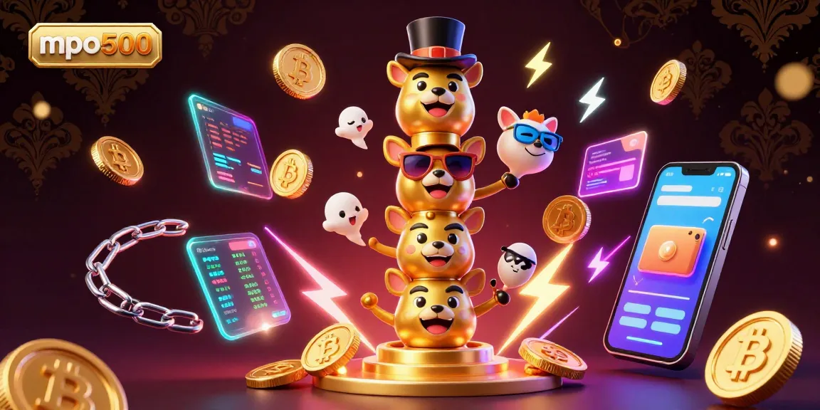Win big with mpo500 as playful spirits dance around a golden totem pole and crypto-themed elements.