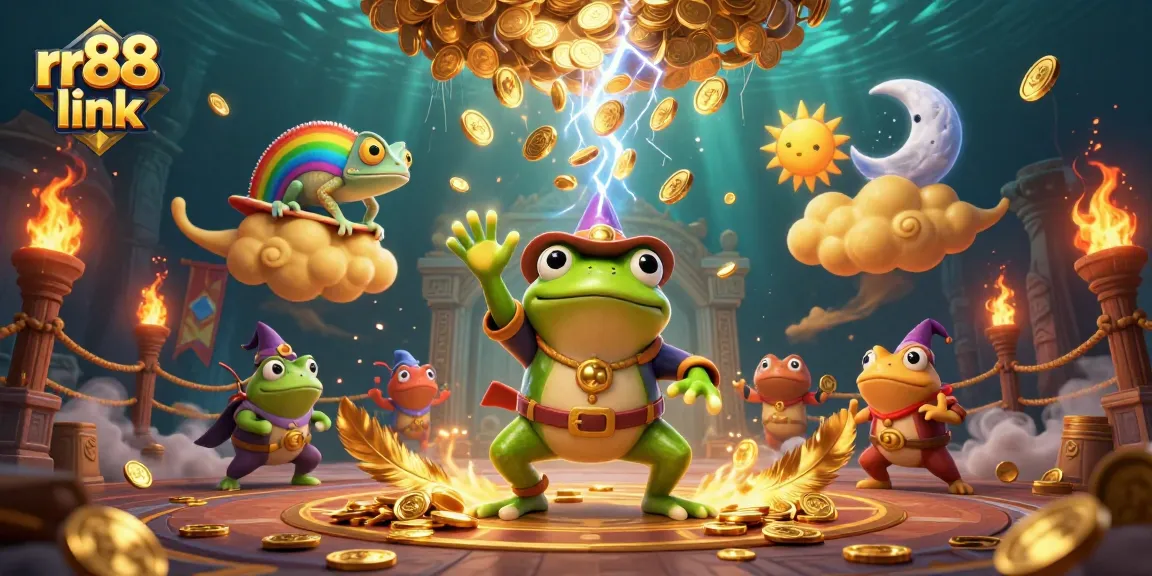 Join the thrill of winning at rr88 link with the wizard frog conjuring golden coins amid dynamic casino elements.