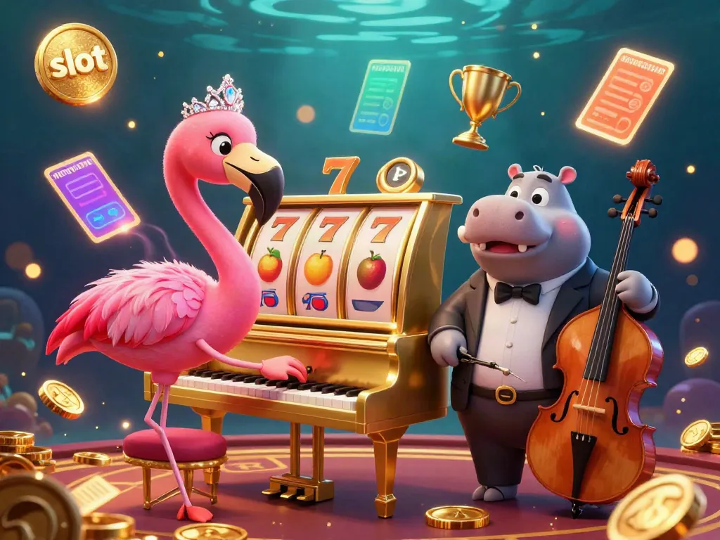 Menangkan jackpot dengan slot yang menarik di WSLOT888, tampil sebagai flamingo penyanyi dan hippo bassist dalam suasana kasino yang meriah.