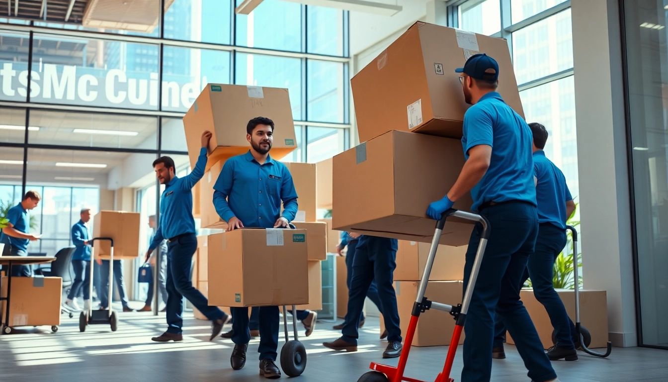 Efficient team handling Commercial Moving Services NYC in a busy office space with care.