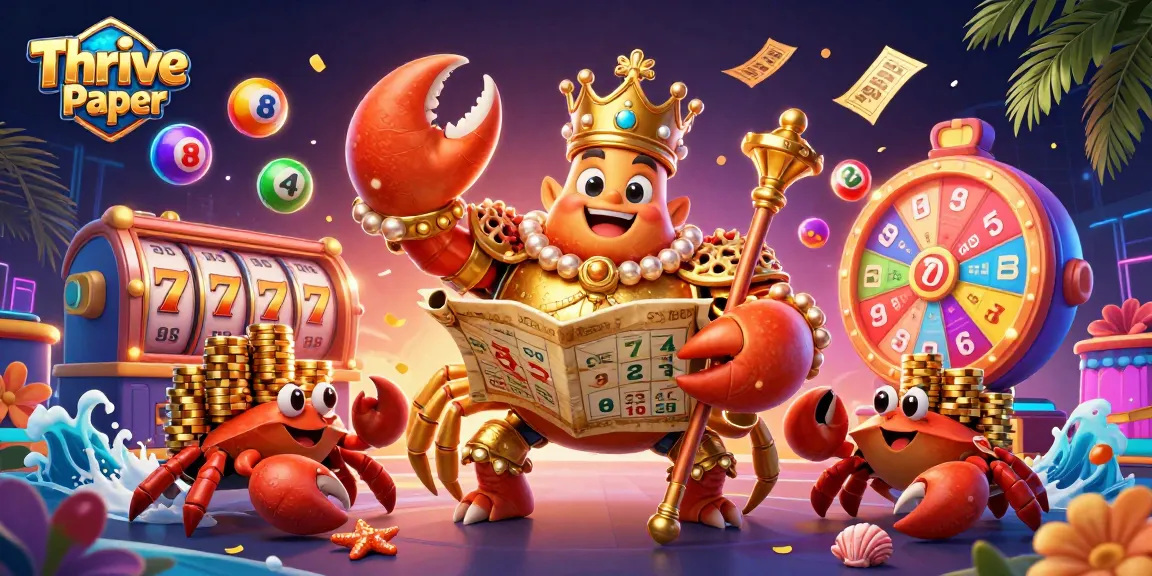 Spin to win with Thrive Paper: A gold crab emperor surrounded by colorful casino fun.