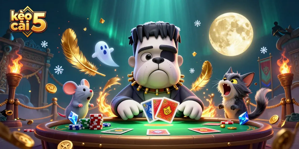 Engage with kèo nhà cái 5 at a spooky casino table featuring whimsical characters.