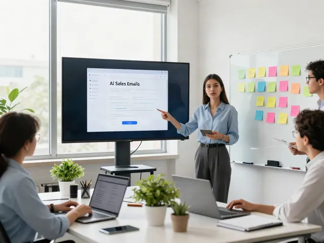 Team discussing AI generated sales emails strategies in a modern office.