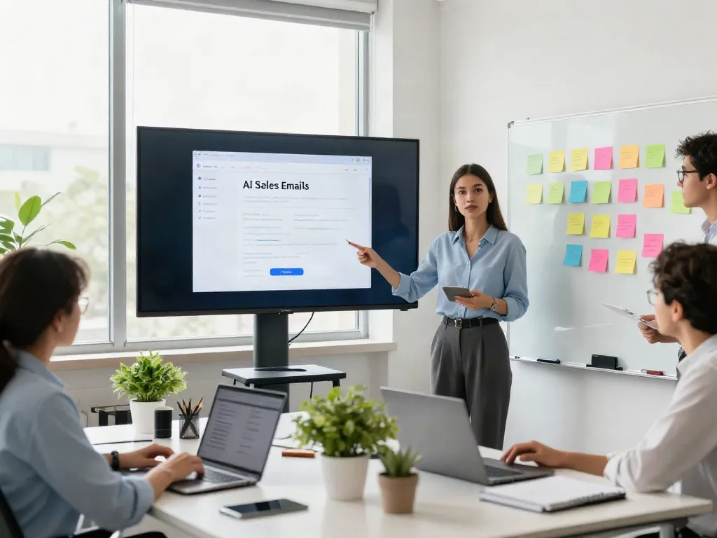 Team discussing AI generated sales emails strategies in a modern office.