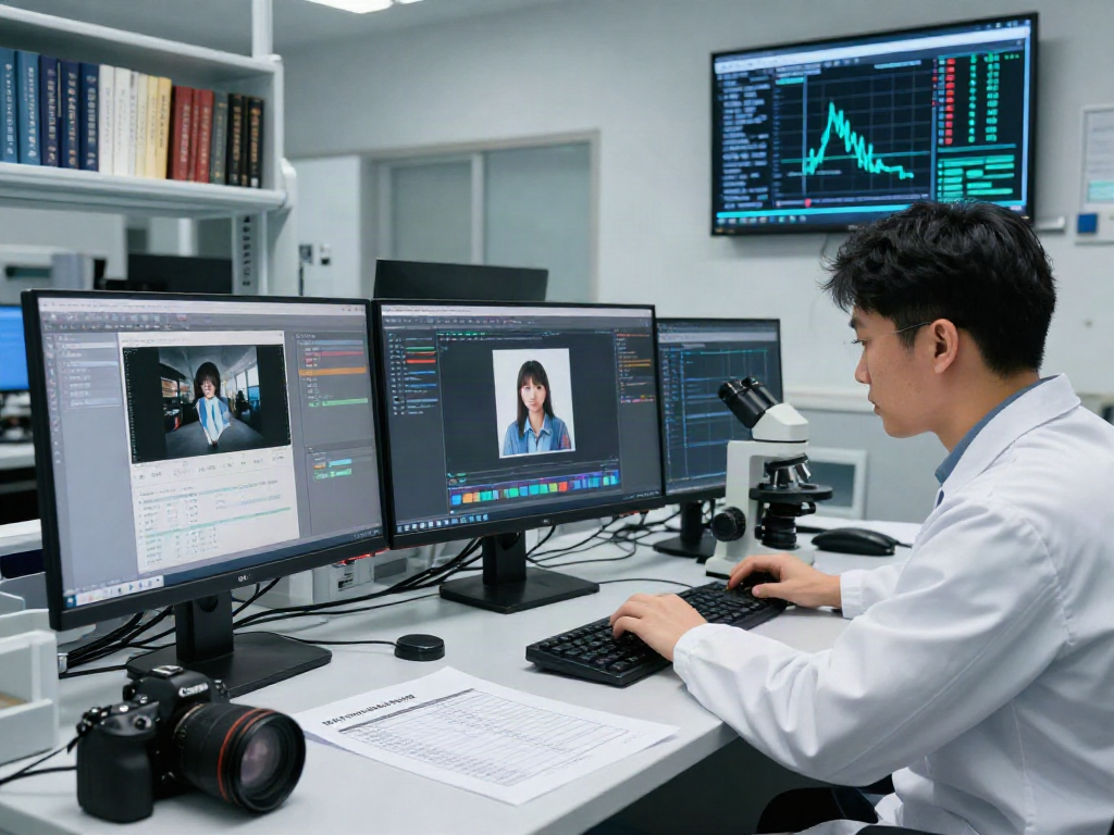 Technician performing AI-Generated Image Detection in a modern lab environment