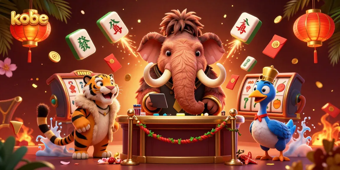 Kobe casino scene with a mammoth bouncer, tiger guest, and a dodo doorman amidst vibrant elements.
