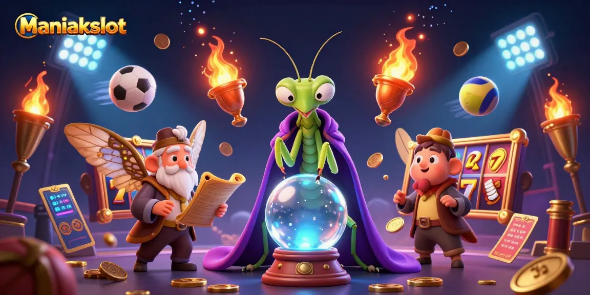 Maniakslot features a vibrant illustration with a fortune teller and sports elements, enticing players to engage.