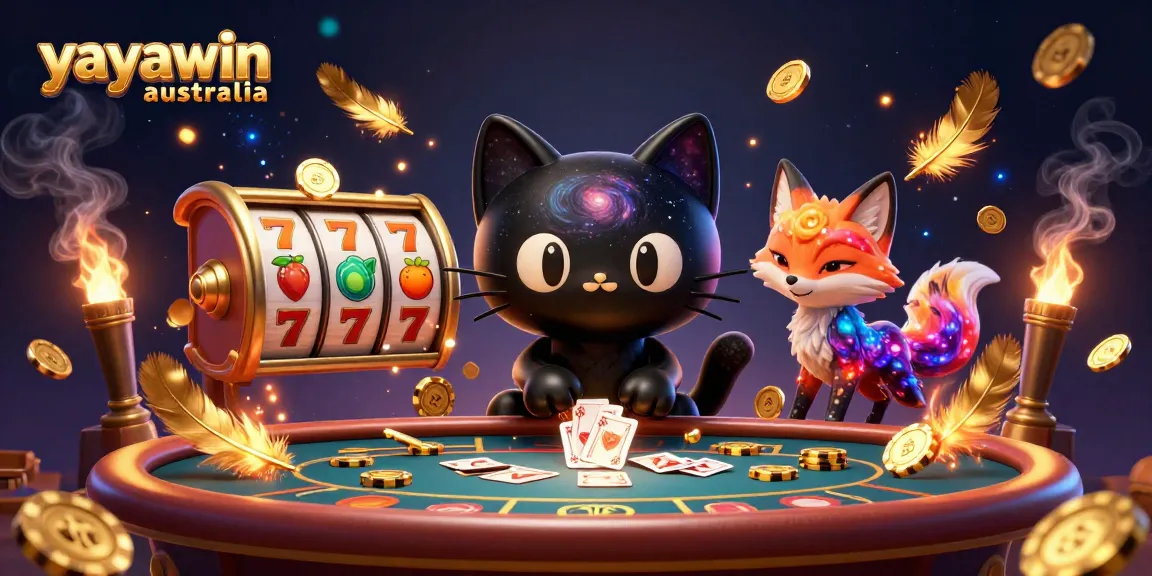 Join the excitement at yayawin australia with a cosmic casino scene featuring a charming black hole cat.