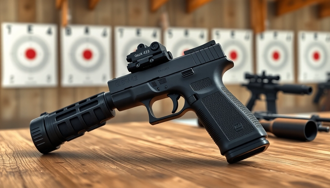 Glock 43X MOS pistol displayed on a shooting range table showcasing its design and features.