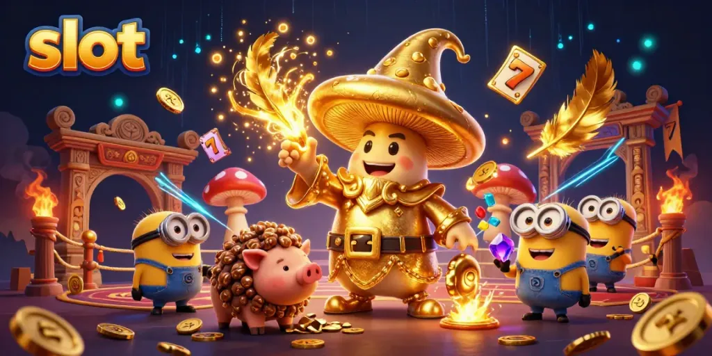 Slot permainan menarik dengan penyihir dan minion membawa permata, menciptakan suasana kasino yang seru.