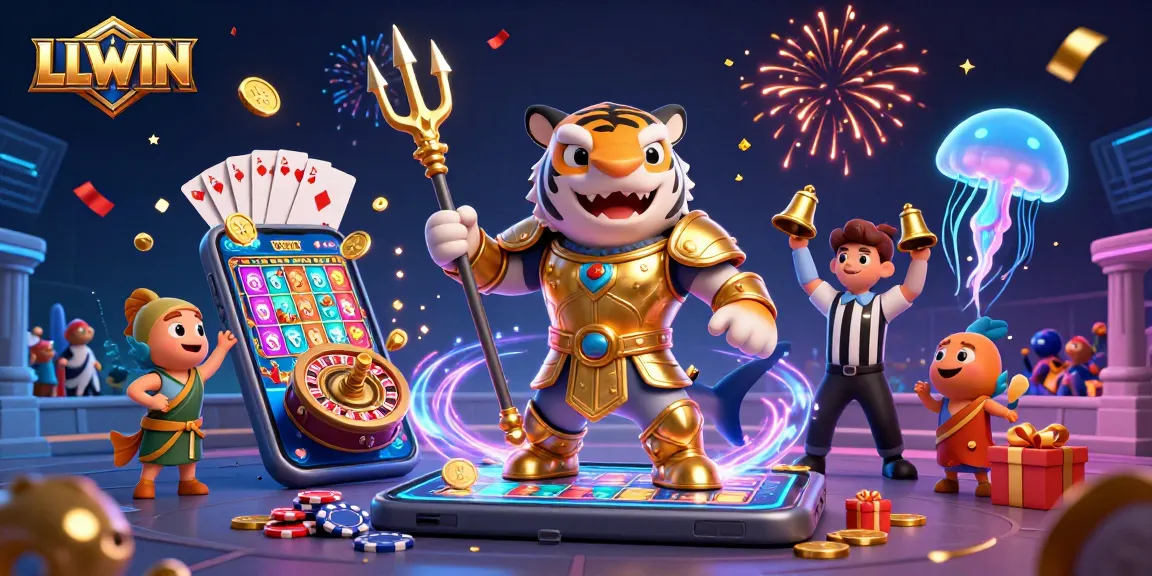 Experience LLWIN in an underwater casino with a shark gladiator and vibrant gaming elements.