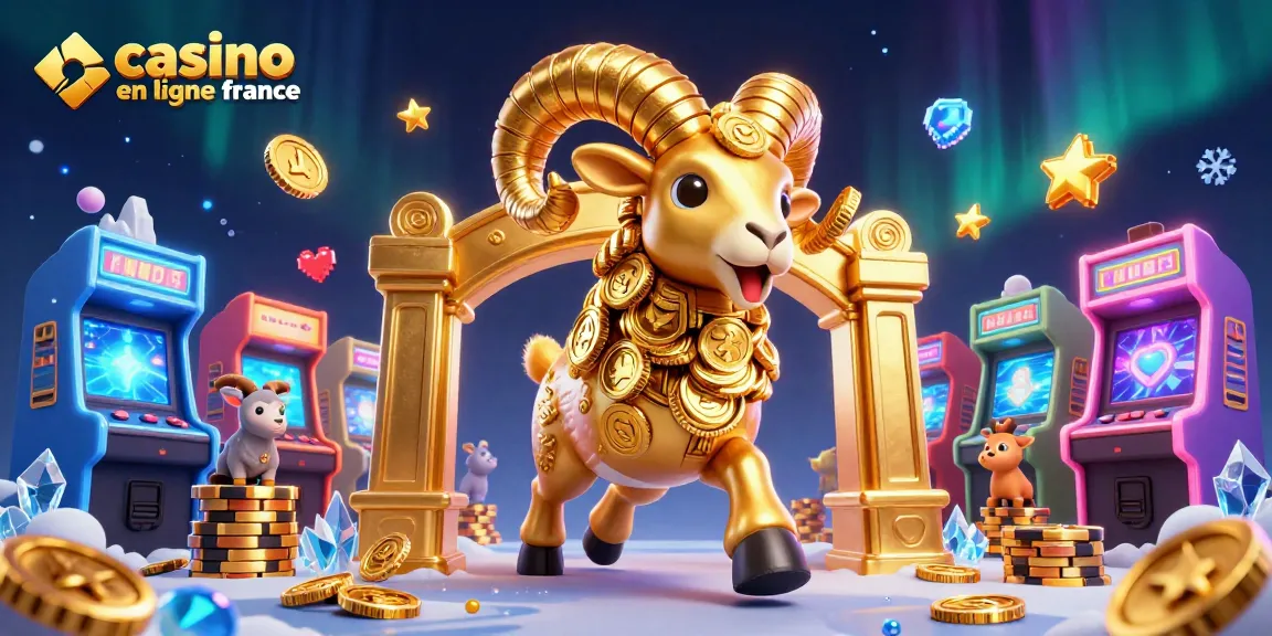 Visuel dynamique illustrant le casino en ligne France avec un bélier doré et des jeux d'arcade colorés.