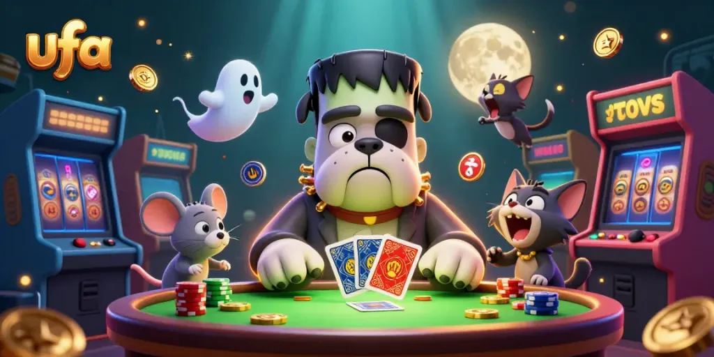 การ์ตูน 3D ufa สัตว์ประหลาดแฟรงเกนสไตน์เล่นไพ่ในบรรยากาศคาสิโน