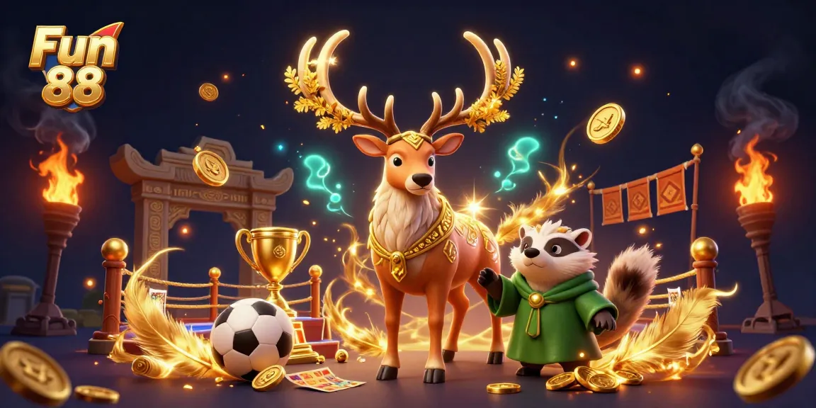 Engage in exciting sports betting with Fun 88, featuring dynamic characters in a vibrant casino scene.
