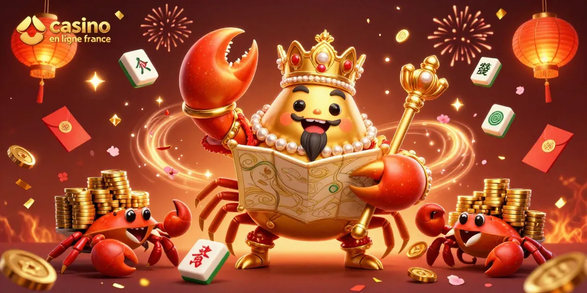 Une scène animée illustrant le casino en ligne France avec un crabe en or et des éléments festifs.