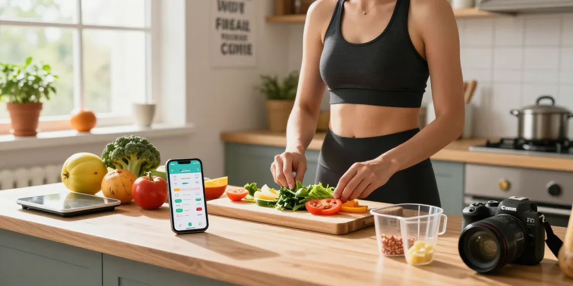 Young person using the best AI calorie tracker app while meal prepping in a vibrant kitchen.