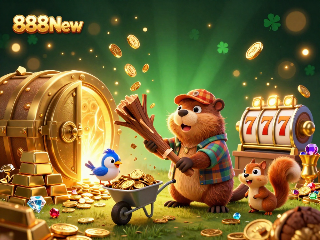 Experience the excitement of 888New with vibrant casino elements and animated characters celebrating a jackpot.
