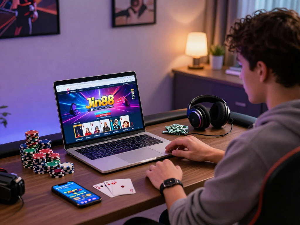 sòng bạc Jin88 với người chơi tại bàn cược trực tuyến, laptop hiển thị trang chủ sòng bạc.