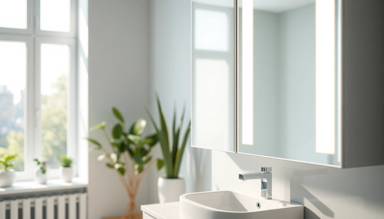 Spiegelschrank Bad mit Beleuchtung im modernen Badezimmer mit elegantem Design.
