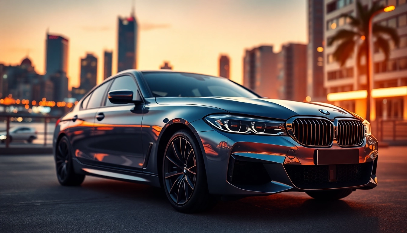 Admire the stunning Luxury BMW car parked gracefully against a vibrant sunset backdrop.