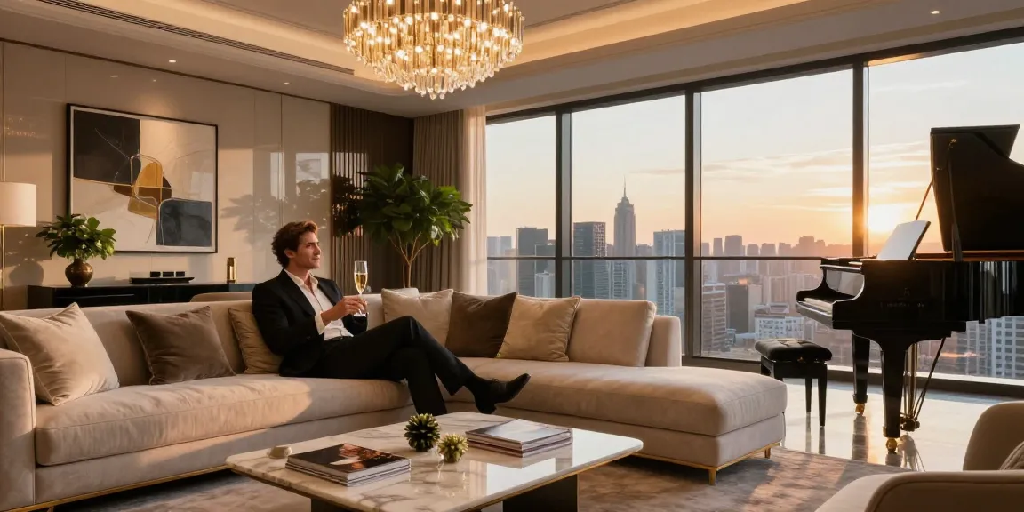 LUXURY111 menampilkan gaya hidup mewah di apartemen penthouse dengan pemandangan kota.