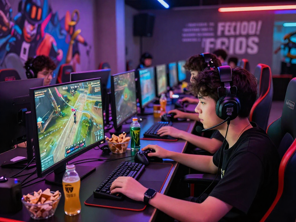 Gamer focused on lavowin game in vibrant eSports lounge with Snacks and energy drinks visible.