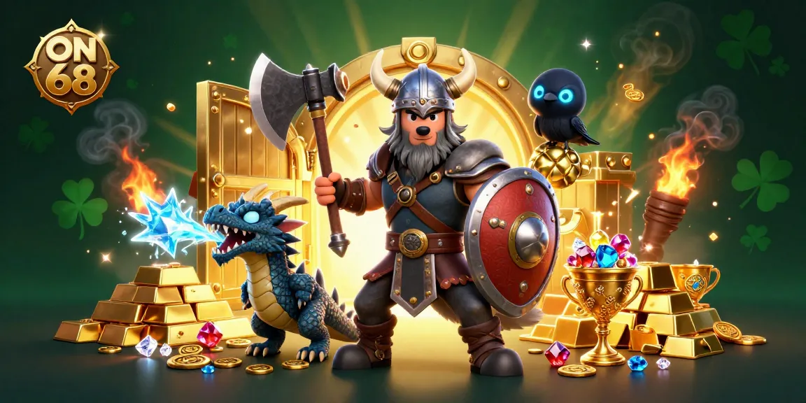 Engage with ON 68's thrilling gaming scene featuring a Viking warrior and treasures.