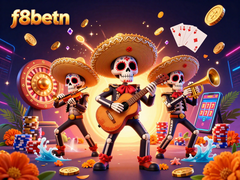 Experience excitement at f8betn with vibrant 3D mariachi characters and casino elements.