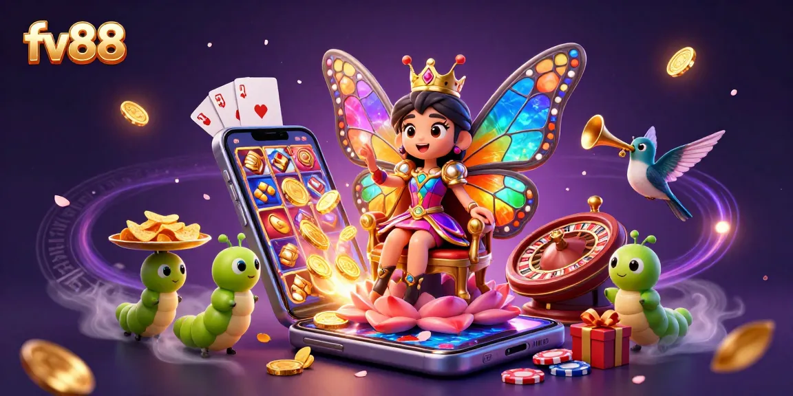 Experience vibrant gaming with fv88's illustrated butterfly queen and exciting casino motifs.