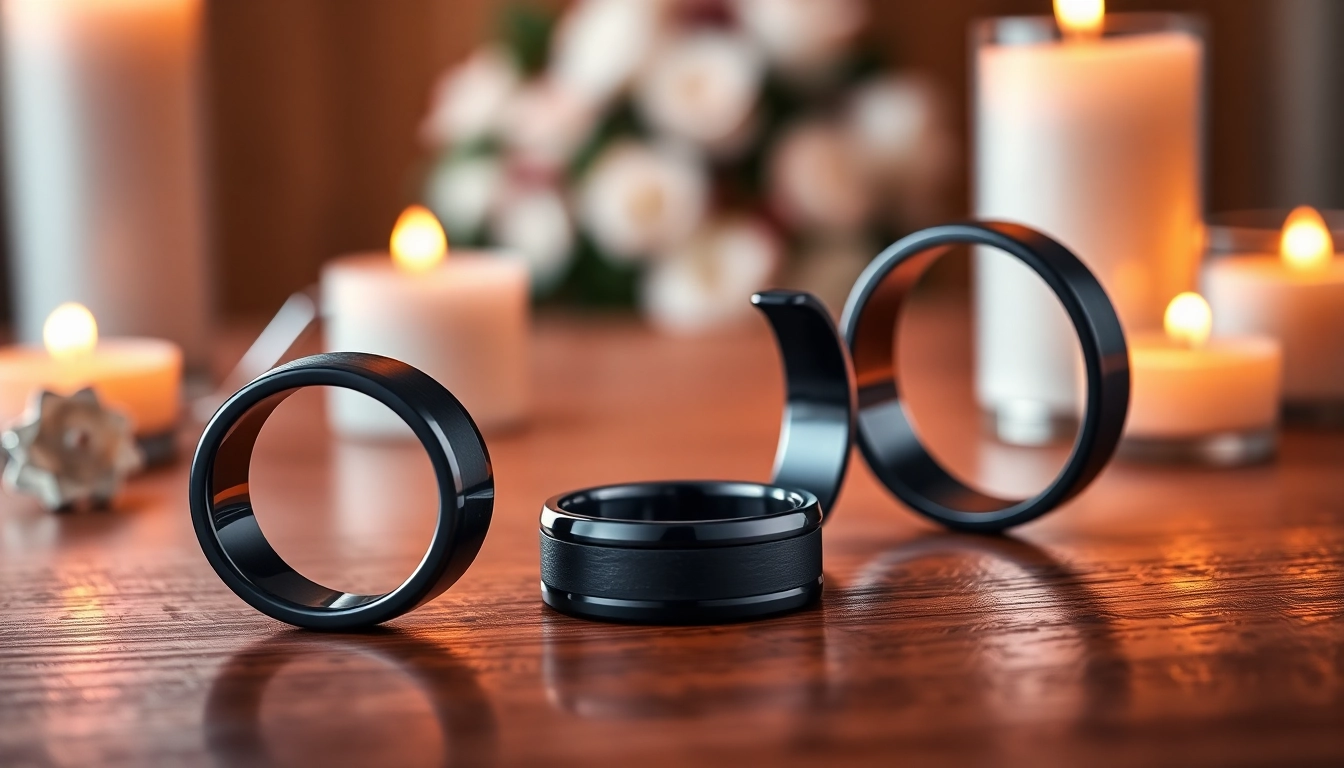 Showcase of Black Wedding Rings for Men highlighting elegant designs and textures.