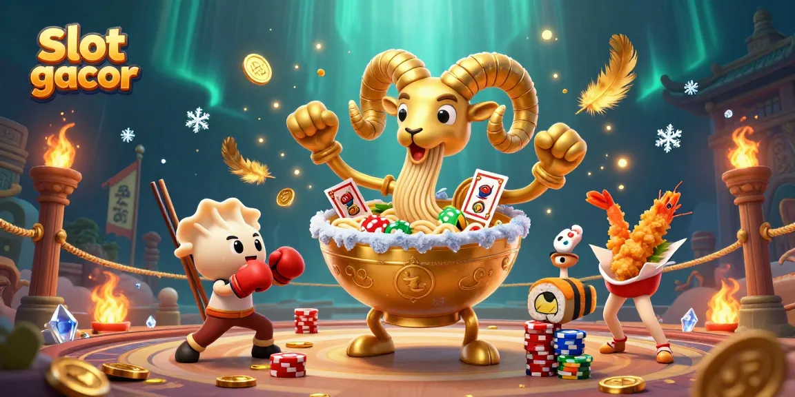 Engage in slot gacor fun with a vibrant casino scene featuring a giant ramen bowl dealer!
