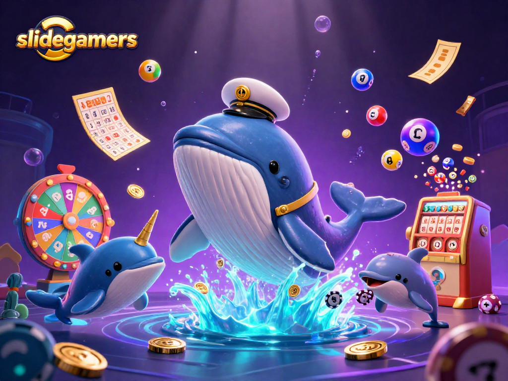 Experience thrilling moments with slidegamers as a whale breaches through a sea of coins amidst vibrant casino elements.