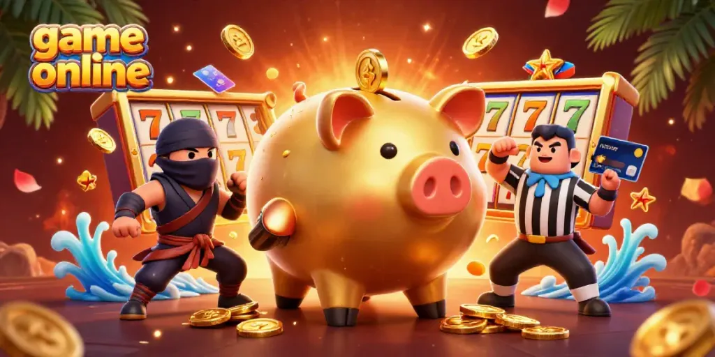 Experience game online excitement with a sumo wrestler piggy bank, jackpot symbols, and colorful casino elements.