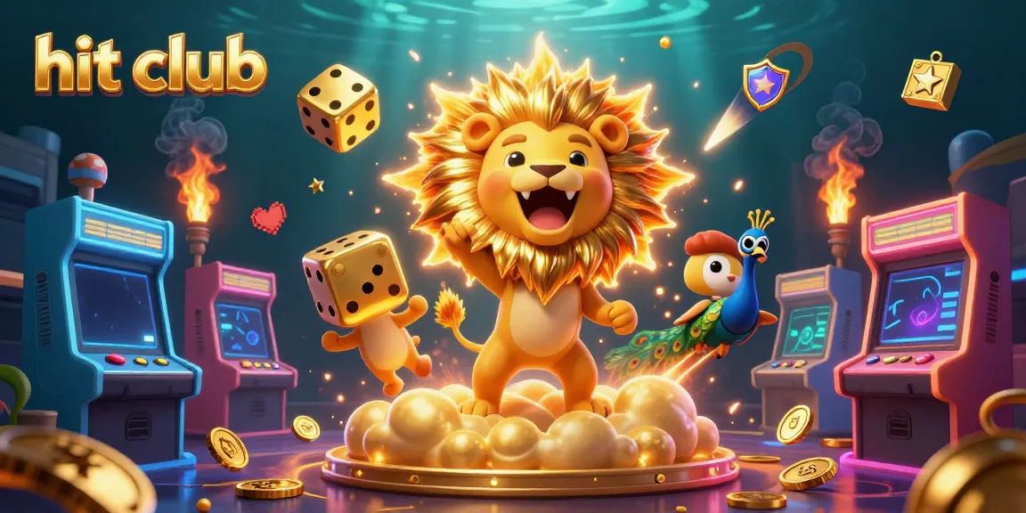 Feel the thrill at hit club with a roaring lion, golden dice, and vibrant gaming elements