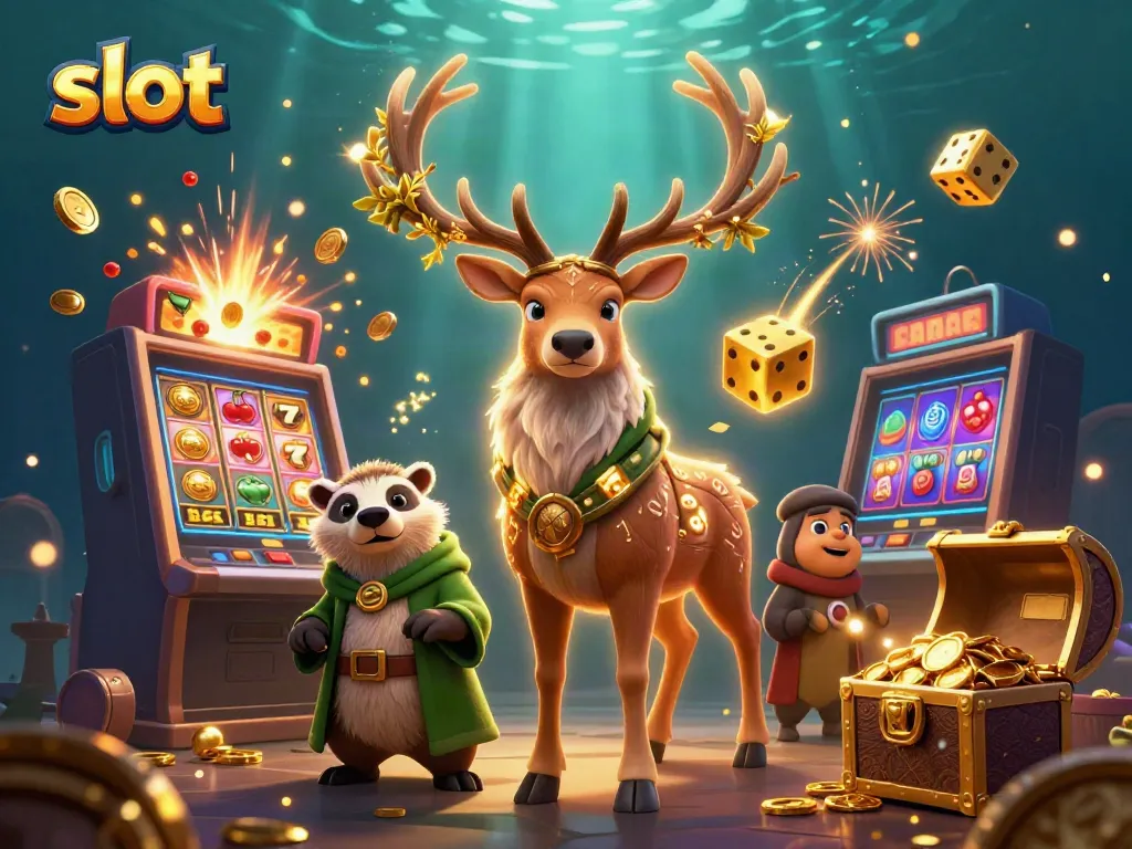 Slot dan jackpot berlimpah mendampingi druid dan badger di pemandangan kasino yang megah.