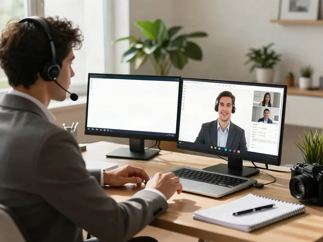 Deepfake protected Online Video Calls, Meetings and Conferencing in a modern home office with a professional engaged in a video call.