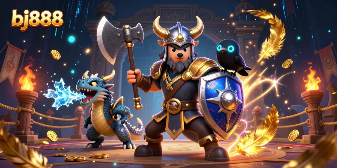 Join the excitement at bj888 with a Viking wolf warrior, fierce dragon, and platform adorned with gold and betting tokens.