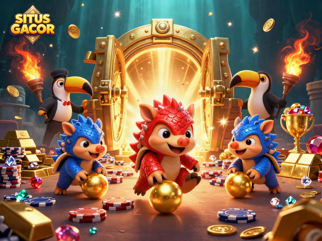 SITUS GACOR: Rival pangolins in armored suits roll into golden balls amidst poker chips, showcasing a thrilling casino scene.