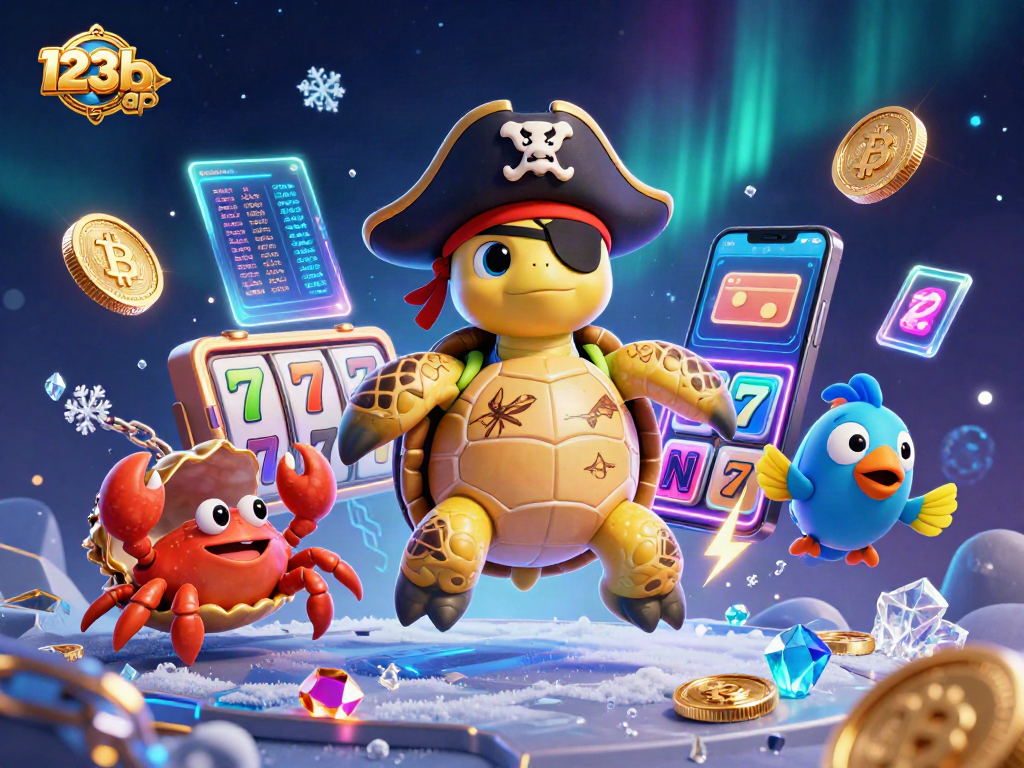 Spin to win with the 123b ap casino, featuring a vibrant turtle and treasure!