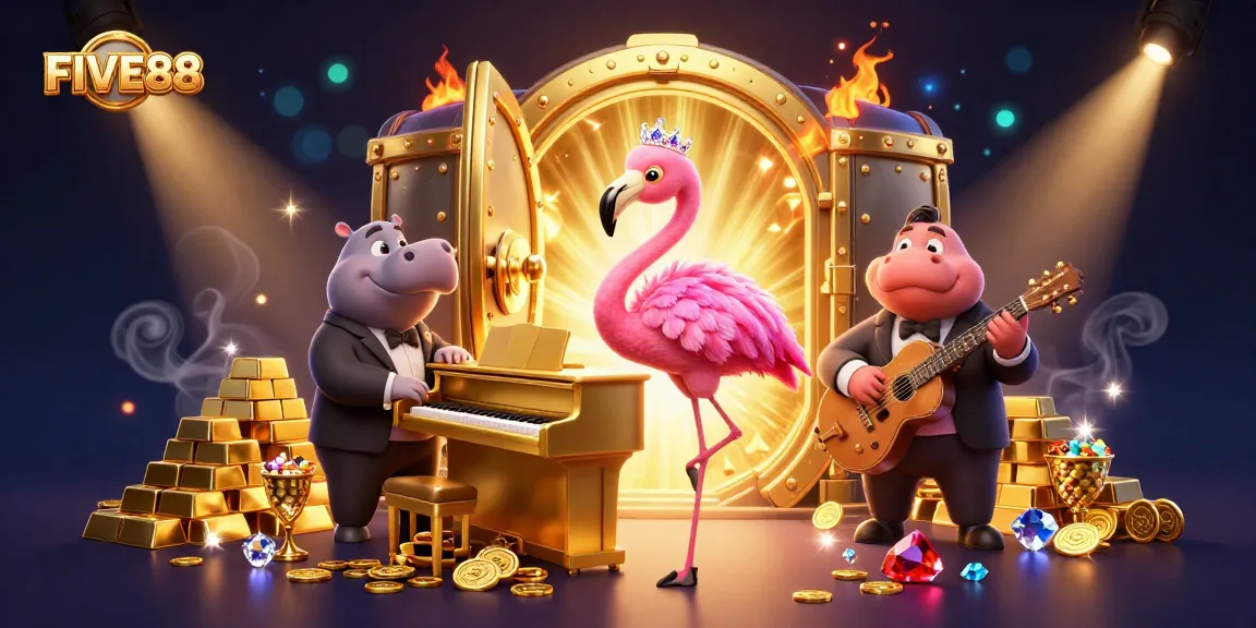 Join the excitement at FIVE88 with 3D lounge singer and hippo bassist in a vibrant casino scene.