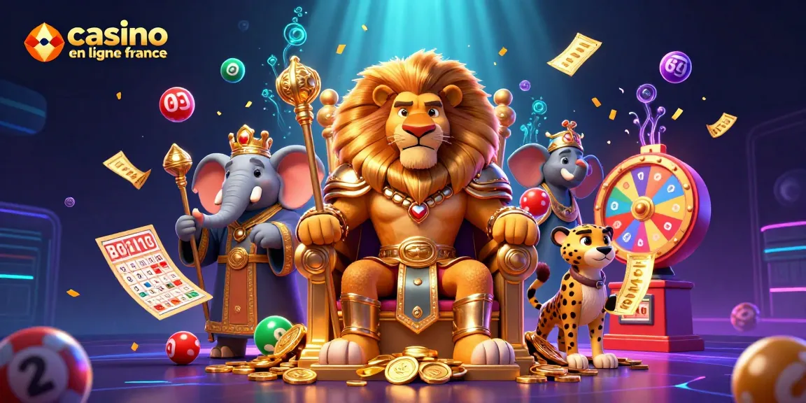 Vivez l'expérience du casino en ligne en France avec un roi lion sur son trône entouré de jeux dynamiques.