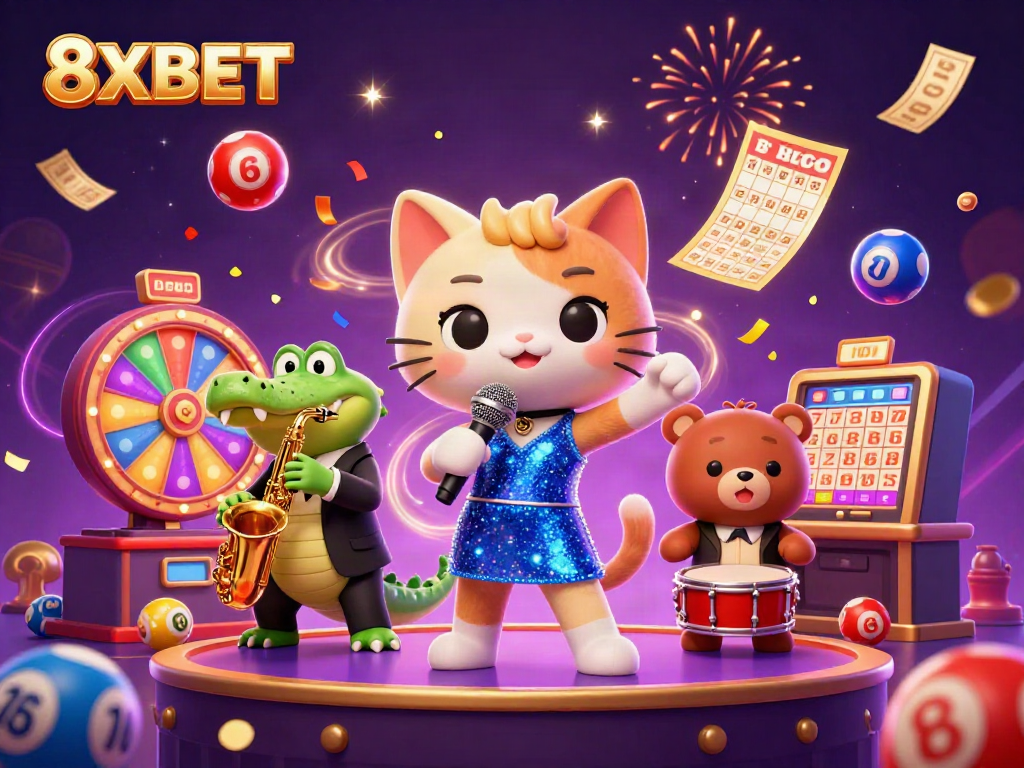 Experience the thrill of winning with 8XBET in a vibrant casino scene featuring lively characters.