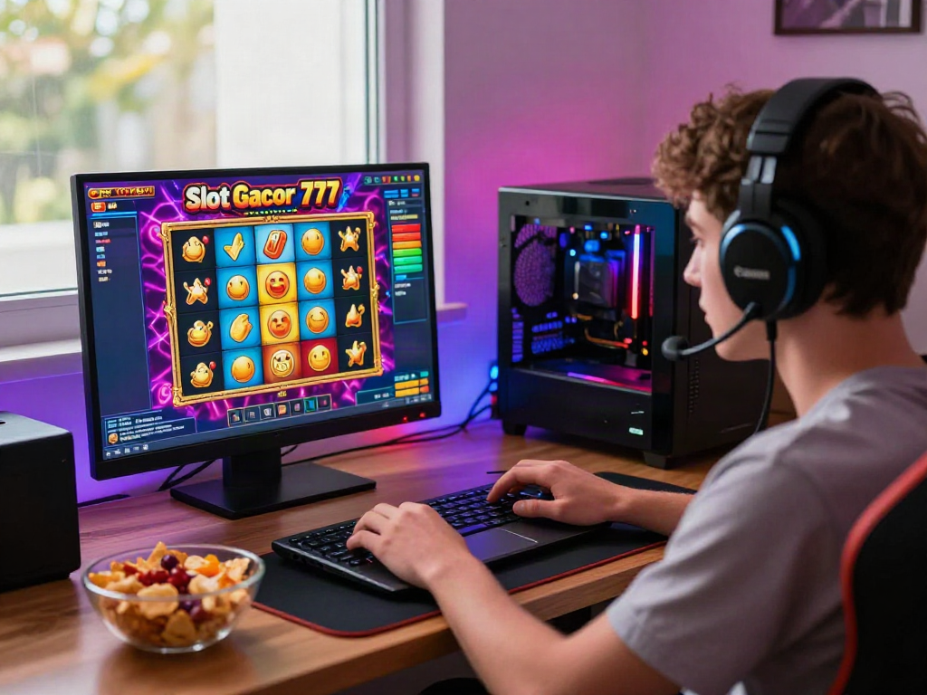 Slot777 permainan online yang menarik dengan pemain muda di latar belakang yang cerah.