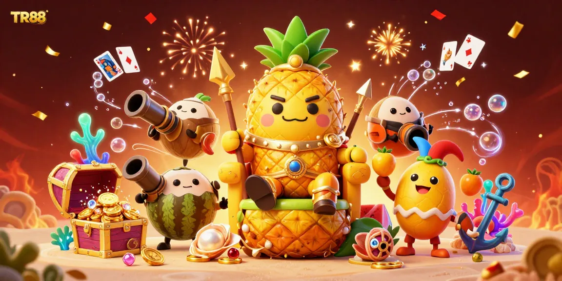 Engaging TR88 casino scene with a golden pineapple king and playful elements, showcasing excitement and winnings.