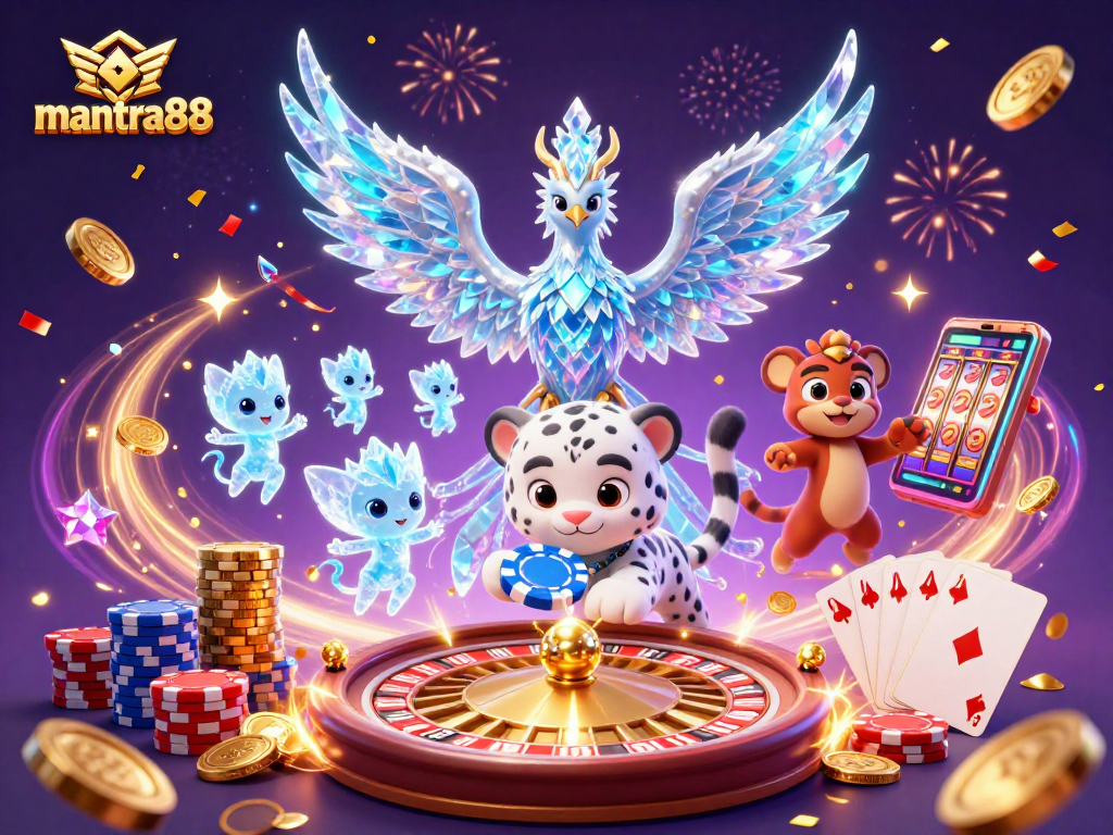Experience the thrill of mantra88 with an ice phoenix and glowing sprites in a vibrant casino scene.