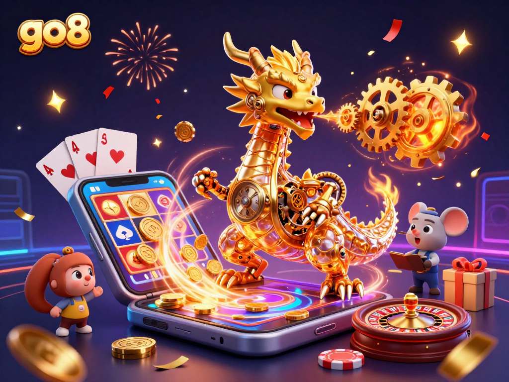 Play vibrant slot games at go8 with golden dragon, cogs, and festive elements!