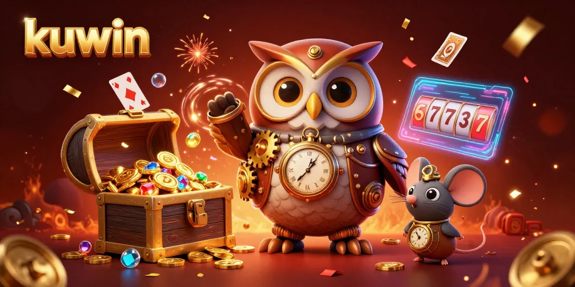 Kuwin players winning bets in a vibrant casino scene with steampunk owl and colorful elements.