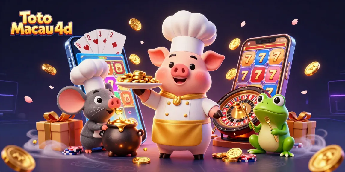 Toto Macau 4d showcases lively characters enjoying gold coin games in a vibrant casino scene.